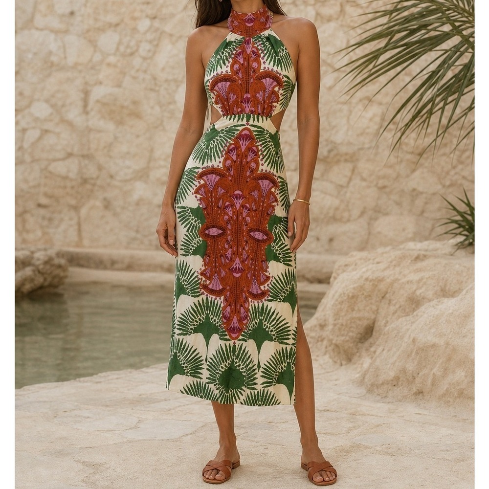 Relicario Halter Cutout Midi Dress S Resortwear Vacation Beach Tropical Boho NWT